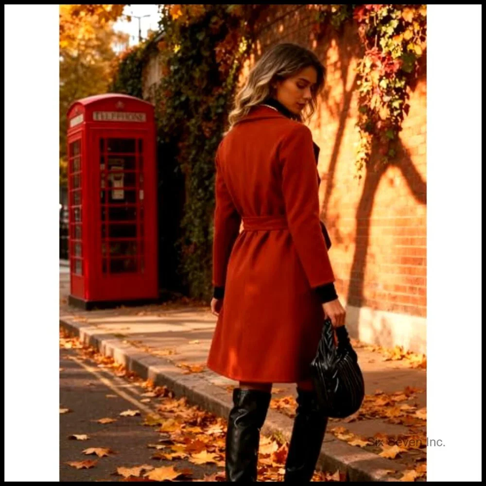 Winter Wool Pea Coat Double Breasted Belted Long Jacket - Picture 5 of 7